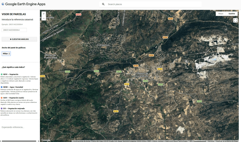 A satellite map view of the area around Cadalso de los Vidrios, featuring geographical details such as roads, vegetation indices, and cadastral reference information.