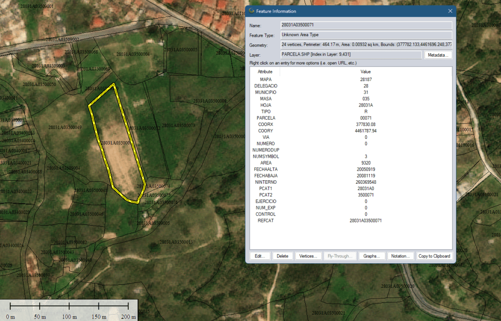 A satellite image of a land parcel with a yellow outlined boundary. Attribute information is displayed on the right, including details like area, coordinates, and various identifiers.
